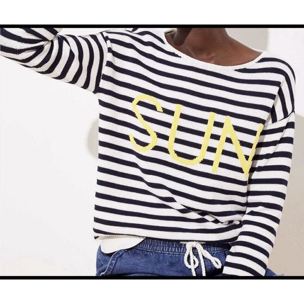 Loft Sweater Size M Black White Stripe Sun Spellout Yellow Long Sleeves …